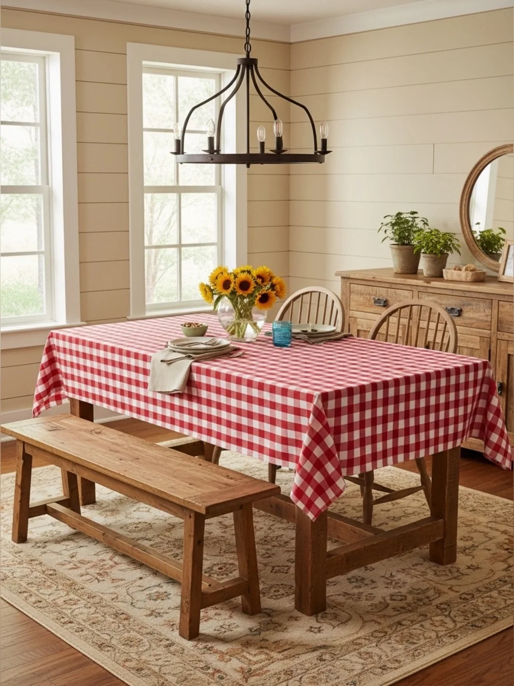 Red & White Gingham Check Tablecloth SpillProof Cloth Indoor Outdoor 60x84” NWT